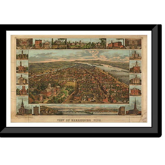Historic Framed Print, PA Harrisburg 1855 MAP, 17-7/8" x 21-7/8"