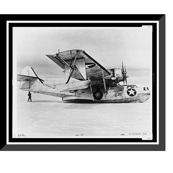 Historic Framed Print, PBY after landing on ice cap, Greenland during rescue of O'Hara and crew, 17-7/8" x 21-7/8"