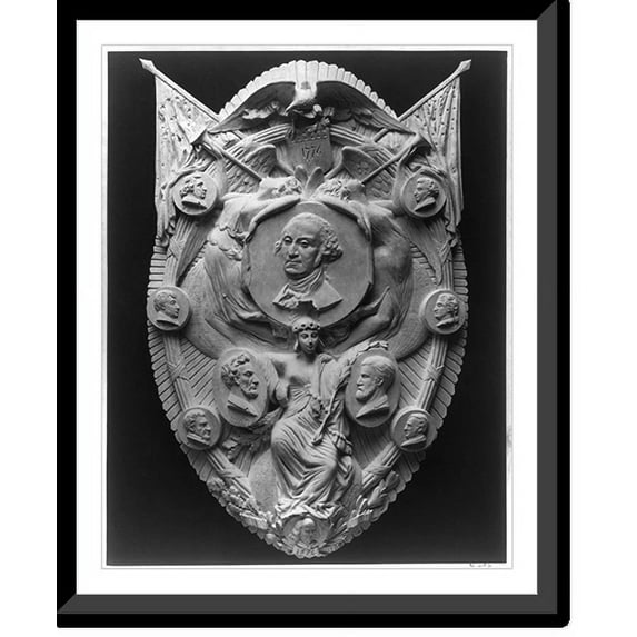 Historic Framed Print, [Patriotic sculptured/bas-relief centennial shield with central bust of Washington, and America flanked by Lincoln and Grant, all surrounded by Jefferson, Mo, 17-7/8" x 21-7/8"