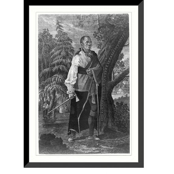 Historic Framed Print, Portrait of Hendrick, Mohawk chief, full length standing holding tomahawk with camp scene in background, 17-7/8" x 21-7/8"