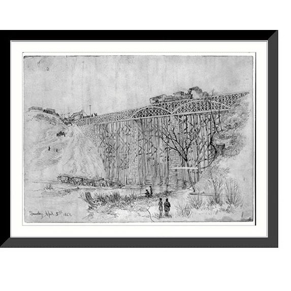 Historic Framed Print, Railroad train containing President Lincoln crossing Potomac Creek bridge on his way to review the Army of the Potomac, 17-7/8" x 21-7/8"