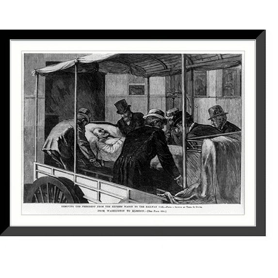 Historic Framed Print, Removing the President (Garfield) from the express wagon to the railway car, 17-7/8" x 21-7/8"