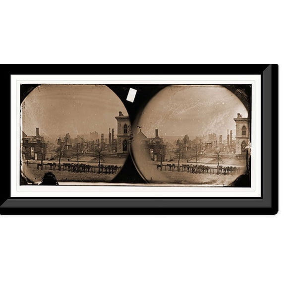 Historic Framed Print, Richmond Virginia. Burnt district. (horses hitched to iron fence on foreground), 17-7/8" x 21-7/8"