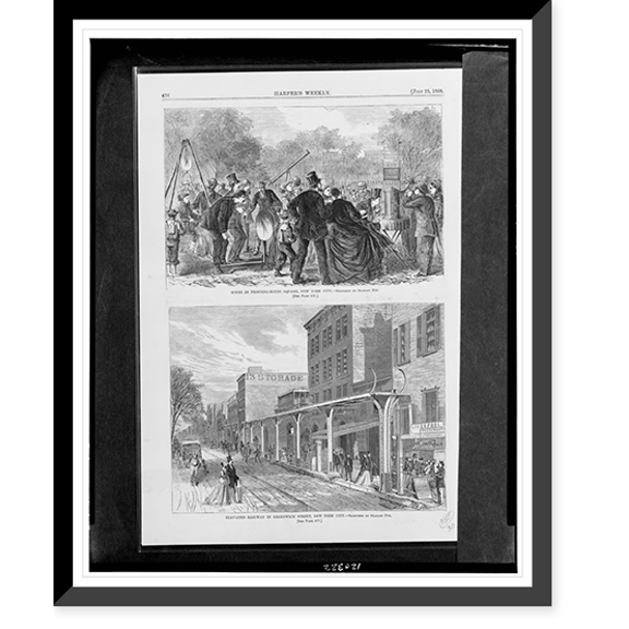 Historic Framed Print, Scene in Printing-House Square, New York City Elevated railway in Greenwich Street, New York City.sketched by Stanley Fox., 17-7/8" x 21-7/8"