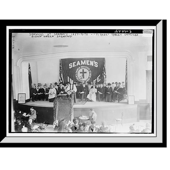 Historic Framed Print, Services at seaman's institute - TITANIC Tablet unveiled - Bishop Greer speaking, 17-7/8" x 21-7/8"