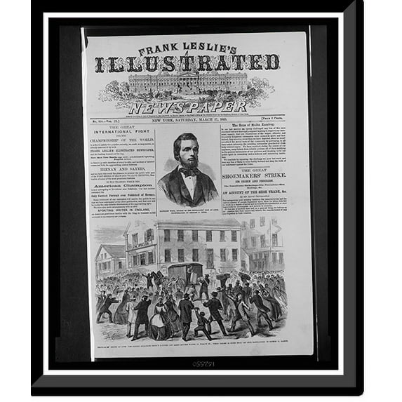 Historic Framed Print, Shoemakers' strike at Lynn - The rioters attacking Floyd's Danvers and Salem Express Wagon, in Willow St., while taking in goods from the shoe manufactory of, 17-7/8" x 21-7/8"
