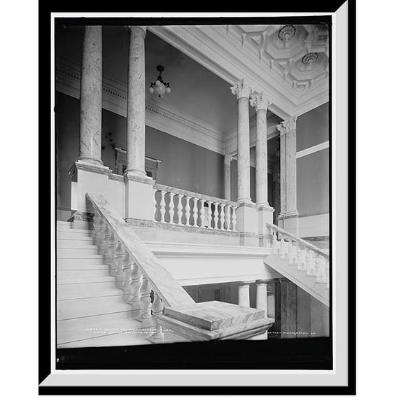 Historic Framed Print, South stairway, second floor, Wayne County Building, Detroit, 17-7/8" x 21-7/8"