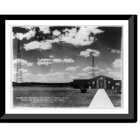 Historic Framed Print, Station XER, located at Villa Acuna, Coahuila, Mexico across the Rio Grande from Del Rio, Texas, 17-7/8" x 21-7/8"