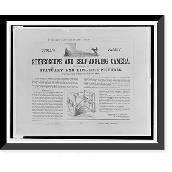 Historic Framed Print, Stull's patent stereoscope and self-angling camera, for producing statuary and life-like pictures., 17-7/8" x 21-7/8"