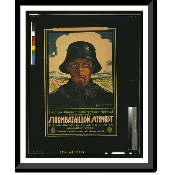 Historic Framed Print, Sturmbataillon Schmidt Deutsche Maumlnner schuumltt Eure Heimat! Tretet ein beim. L. Impekoven 1919., 17-7/8" x 21-7/8"