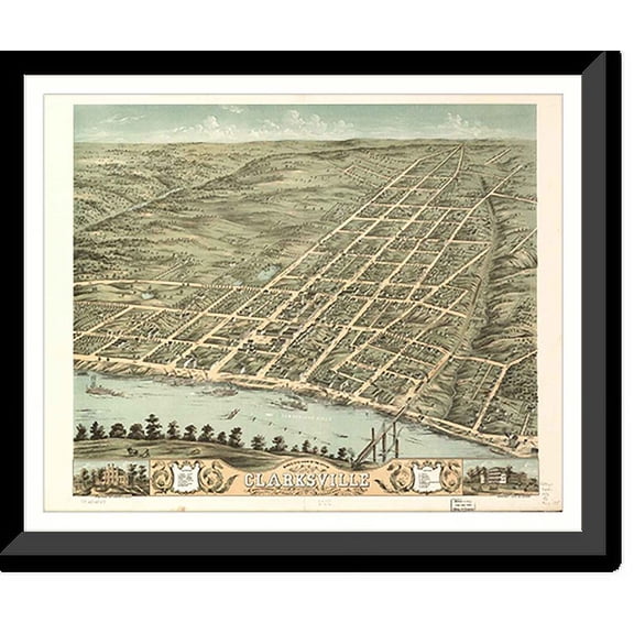 Historic Framed Print, TN Clarksville 1870 MAP, 17-7/8" x 21-7/8"