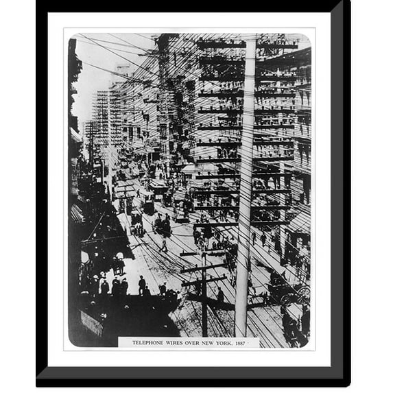 Historic Framed Print, Telephone wires over New York, 1887., 17-7/8" x 21-7/8"
