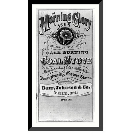 Historic Framed Print, The Morning Glory of 1869 - base burning coal stove, 17-7/8" x 21-7/8"