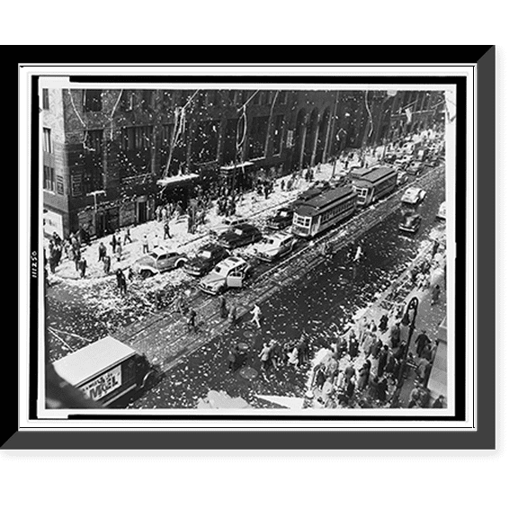 Historic Framed Print, [Ticker tape paper and streamers rain down on 42nd St. and Lexington Ave., during victory celebration, New York City], 17-7/8" x 21-7/8"