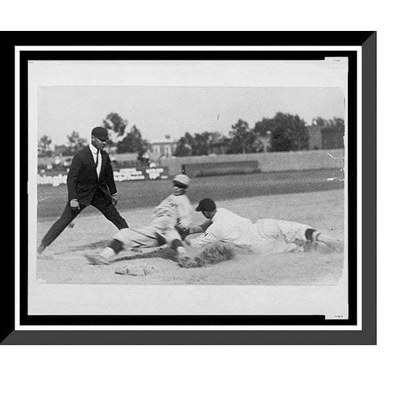 Historic Framed Print, [Umpire ready to make the call as Washington ball player applies tag to base runner sliding into base during baseball game], 17-7/8" x 21-7/8"
