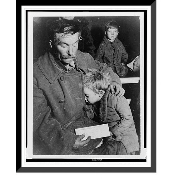 Historic Framed Print, Unemployed father with son, at a Worker's Alliance meeting in North Platte, Nebraska, 17-7/8" x 21-7/8"