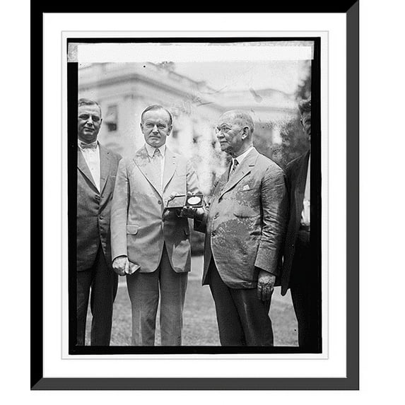 Historic Framed Print, W.T. Galliher presents Coolidge with inaugural medallion, 6/19/25, 17-7/8" x 21-7/8"