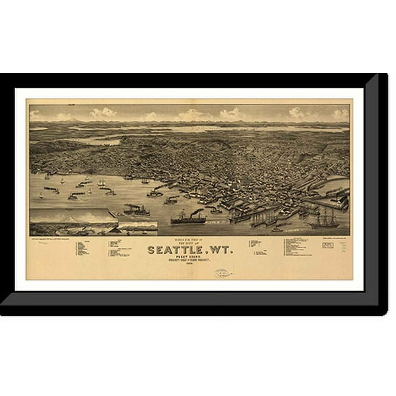 Historic Framed Print, WA Seattle 1884 MAP, 17-7/8" x 21-7/8"