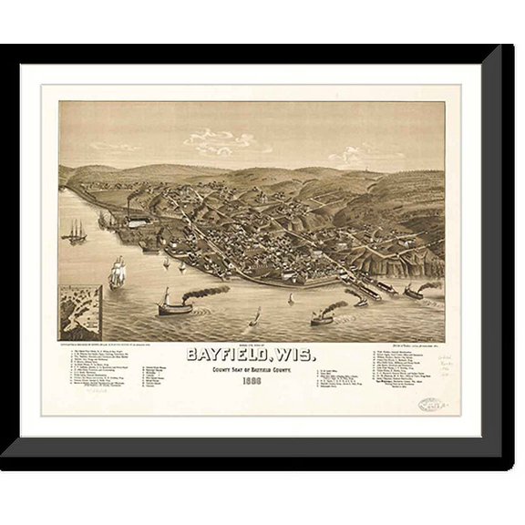 Historic Framed Print, WI Bayfield 1886 MAP, 17-7/8" x 21-7/8"
