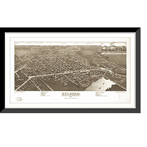 Historic Framed Print, WI Delvan 1884 MAP, 17-7/8" x 21-7/8"
