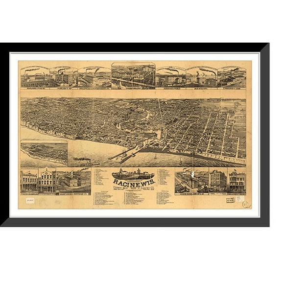Historic Framed Print, WI Racine 1883 MAP, 17-7/8" x 21-7/8"