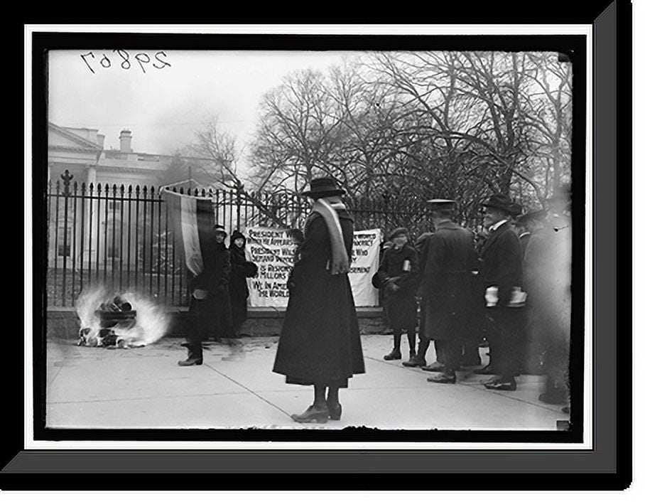 Historic Framed Print, Woman Suffrage. Bonfire On Sidewalk Before White 