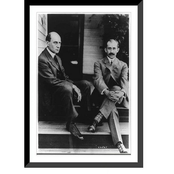 Historic Framed Print, Wilbur Wright and Orville Wright seated on steps of rear porch, 7 Hawthorne St., Dayton, Ohio, 17-7/8" x 21-7/8"
