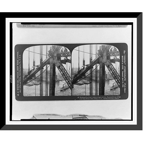 Historic Framed Print, Workmen putting in place a huge section, Blackwell's Is. bridge over East River, New York, U.S.A., 17-7/8" x 21-7/8"
