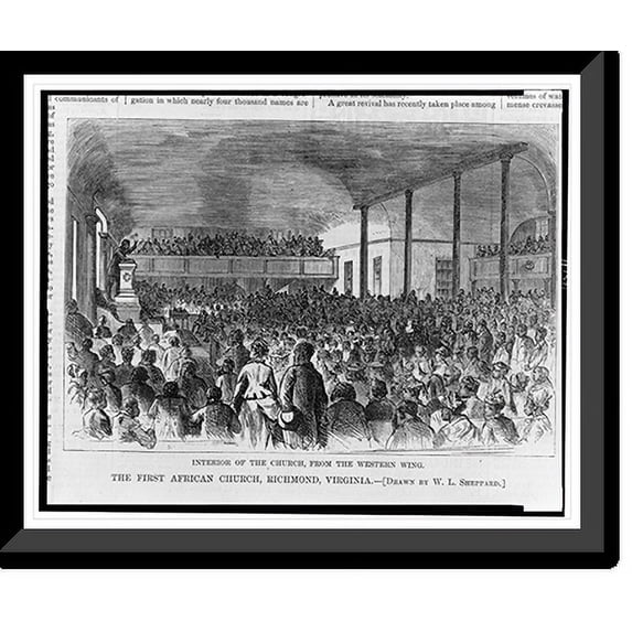 Historic Framed Print, The first African church, Richmond, Virginia. Interior of the church, from the western wing.drawn by W.L. Sheppard., 17-7/8" x 21-7/8"