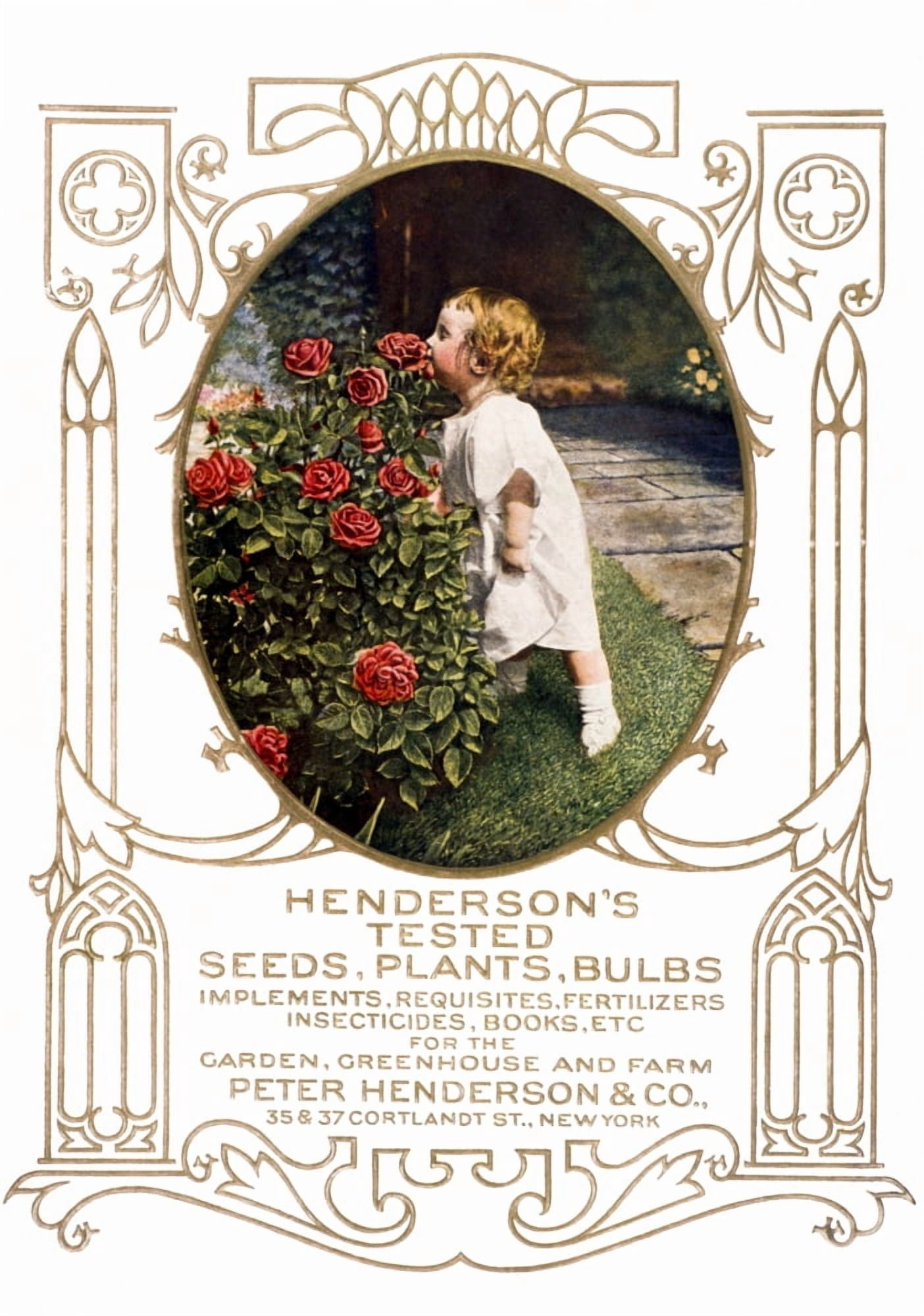 Historic Hendersons seed catalog with illustration of child smelling roses from 20th century Canvas Art - Remsberg Inc Design Pics (13 x 18)