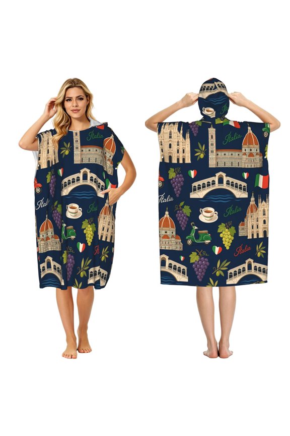 Historic Italian Architecture & Travel Icons Adult Hooded Beach Towel Changing Robe, Surf Poncho Towel for Surfing, Swimming, Camping