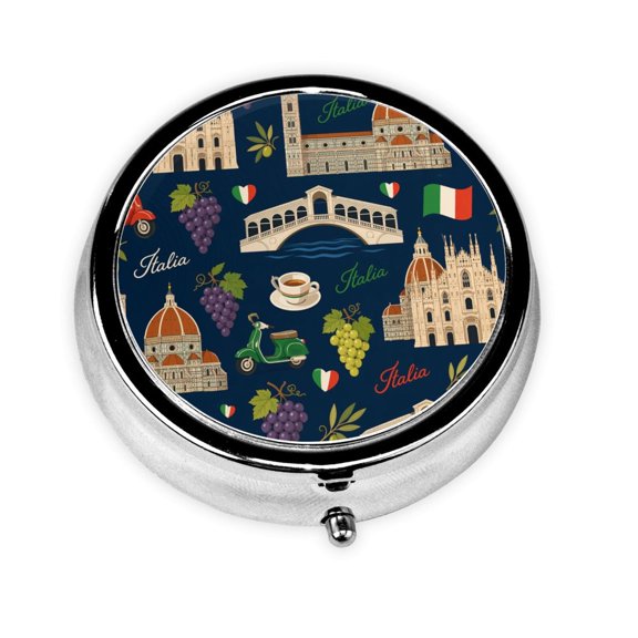 Historic Italian Architecture & Travel Icons Mini Round Pill Box Portable Small Pill Case Organizer with 3 Compartments for Pocket Purse
