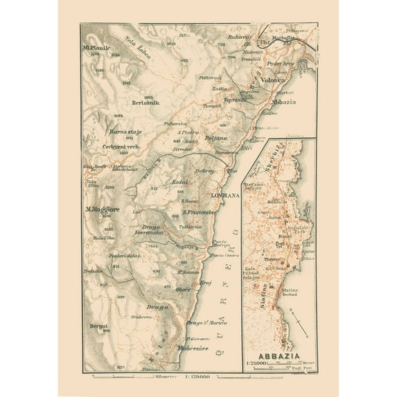 Historic Map - Abbazia Lovrana Croatia Europe - Baedeker 1910 - Vintage Wall Art
