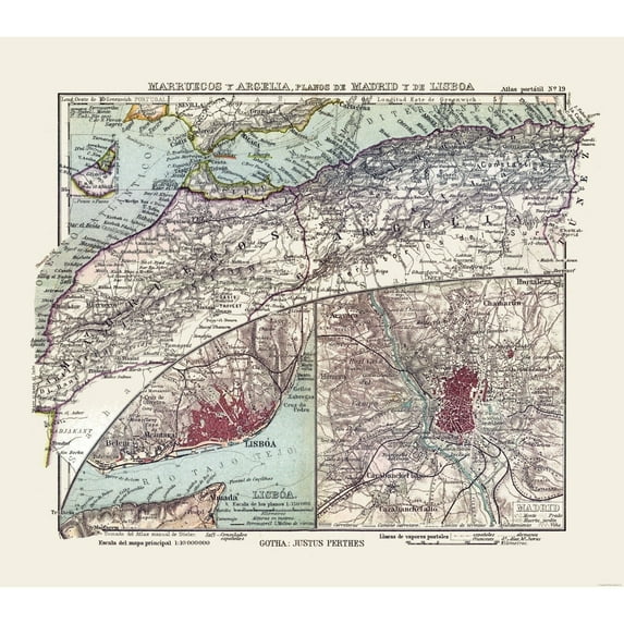Historic Map - Africa Northwest Spain Portugal - Perthes 1921 - Vintage Wall Art