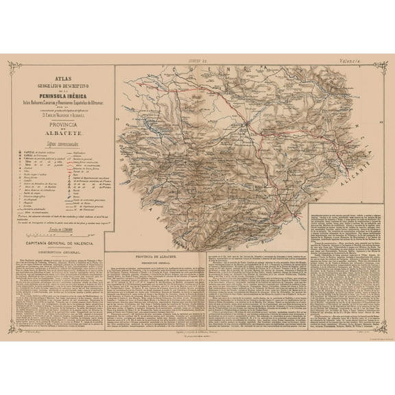 Historic Map - Albacete Province Spain - Valverde 1880 - 31.54 x 23 - Vintage Wall Art