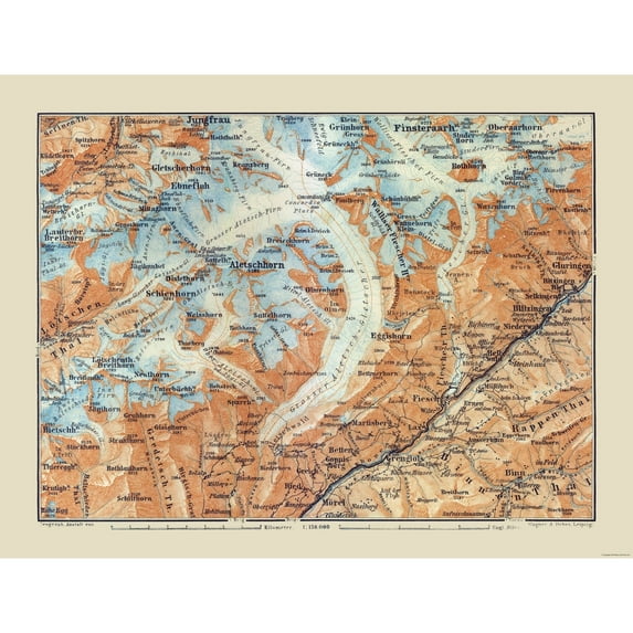 Historic Map - Aletschhorn Switzerland - Baedeker 1921 - 30.10 x 23 - Vintage Wall Art