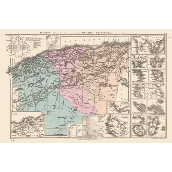 Historic Map - Algeria French Colonies - Drioux 1882 - 34.62 x 23 - Vintage Wall Art