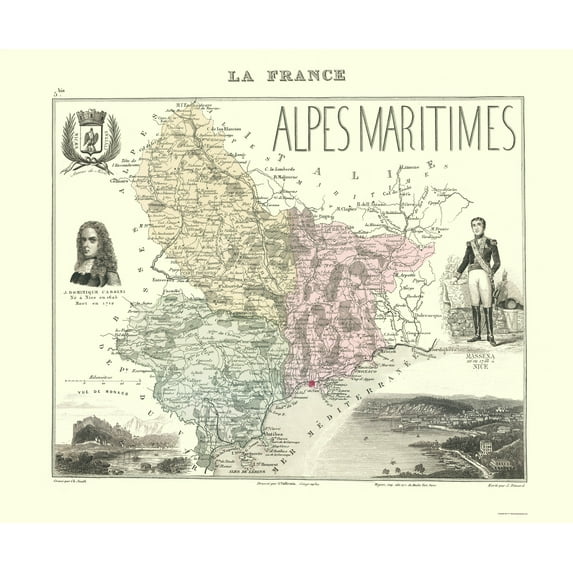 Historic Map - Alpes Maritimes Department France - Migeon 1869 - Vintage Wall Art