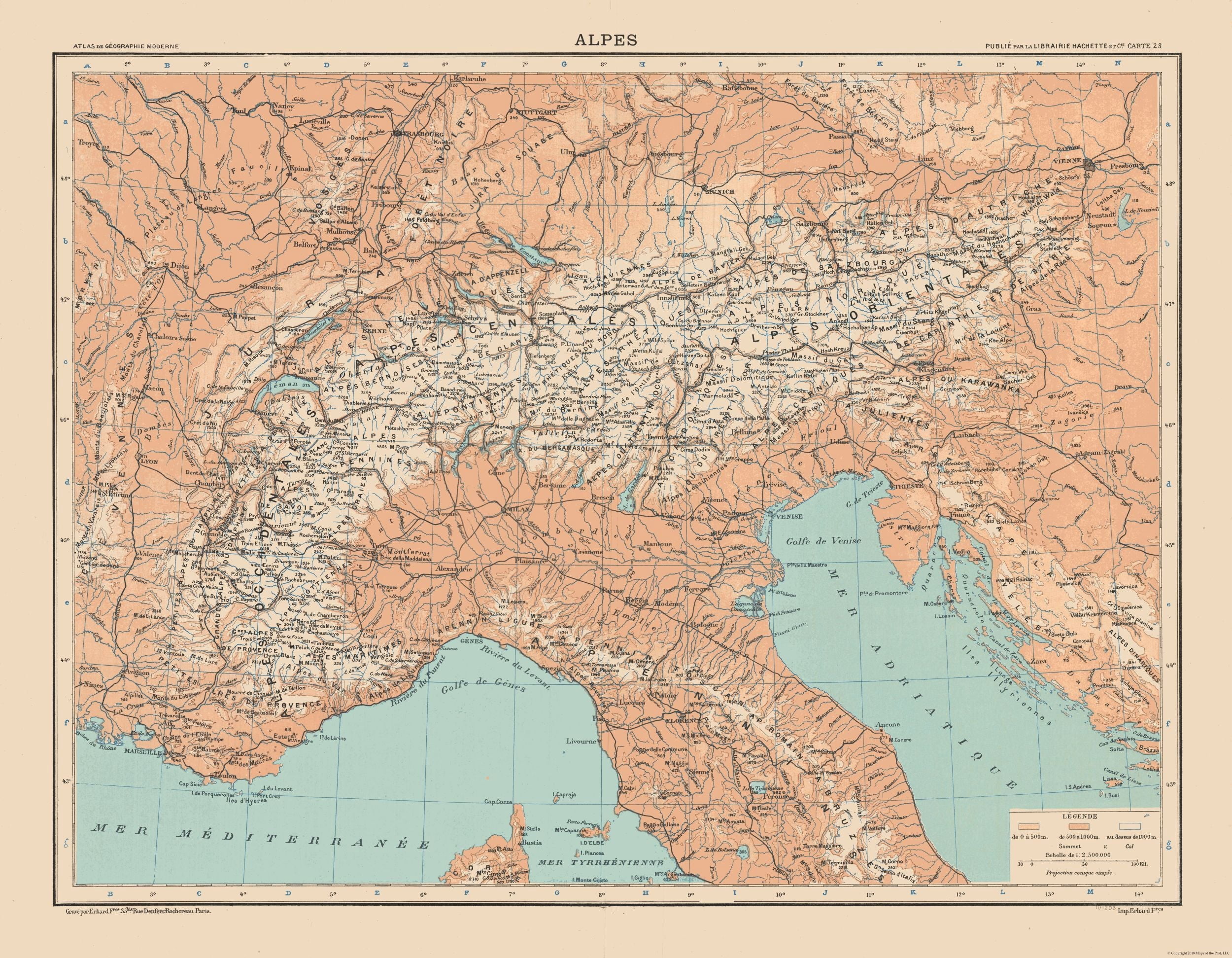 Historic Map - Alps Europe - Schrader 1908 - Vintage Wall Art - Walmart.com