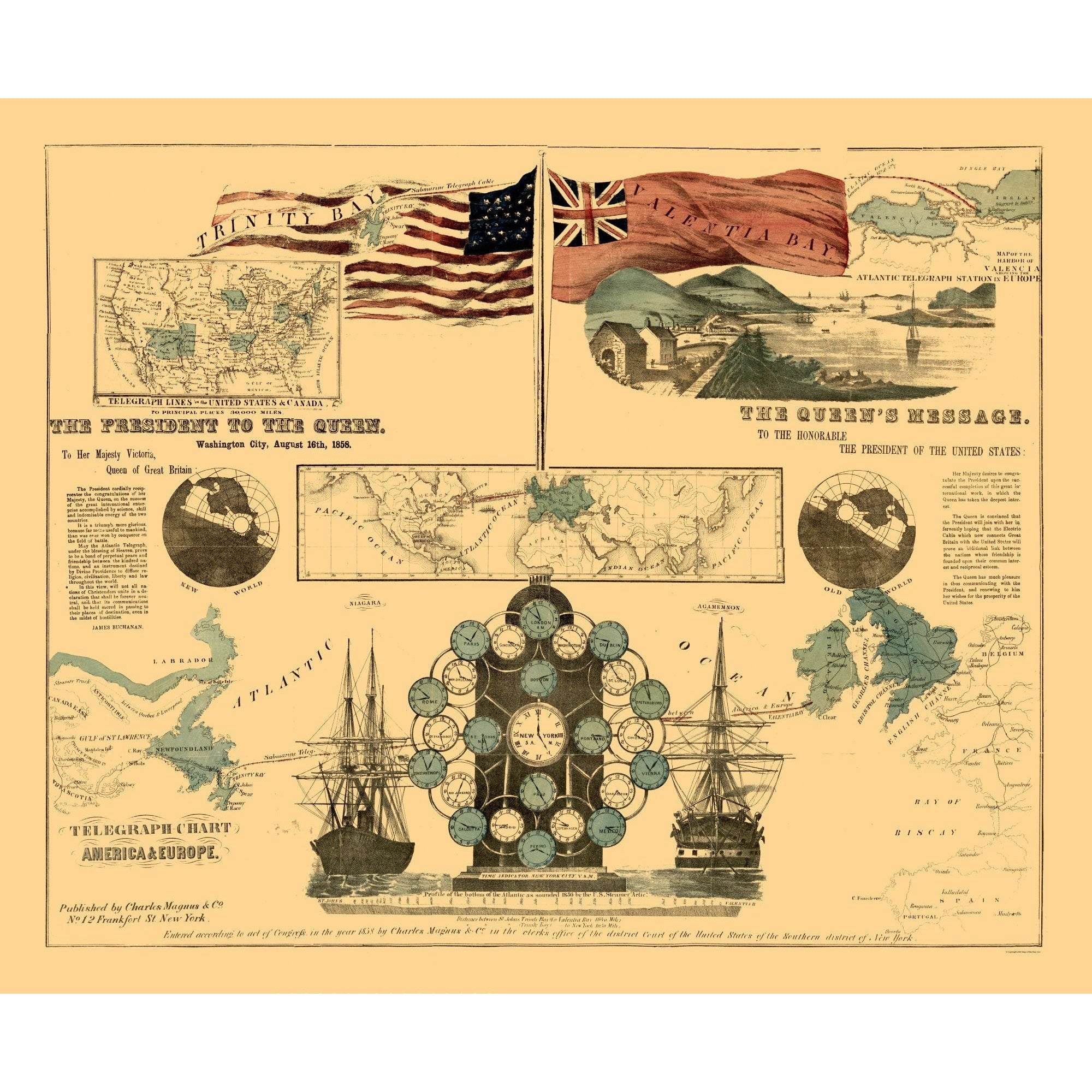 Talegraph Chart Historic Map - America Europe Telegraph Chart - Magnus 1858 - Vintage ...