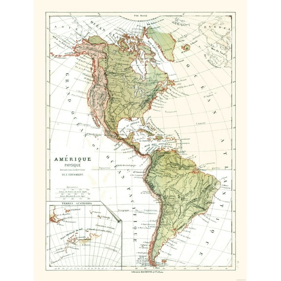 Historic Map - America Physical - Cortambert 1880 - 23 x 30.29 - Vintage Wall Art