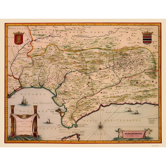 Historic Map - Andalusia Spain - Blaeu 1635 - Vintage Wall Art