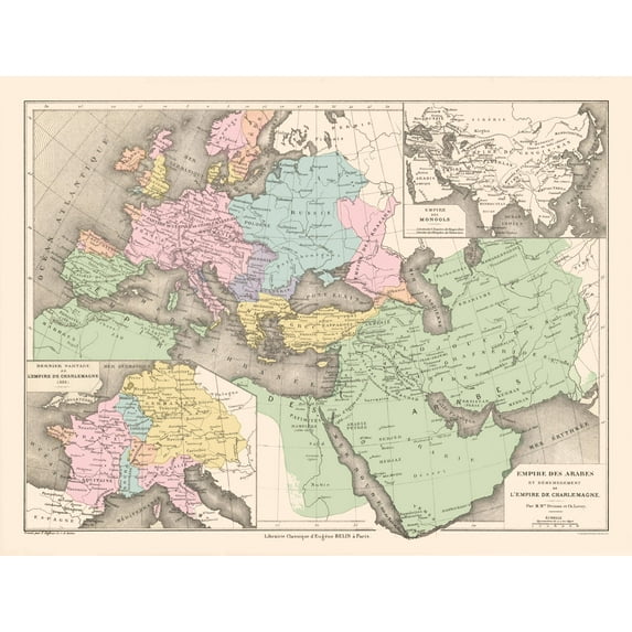 Historic Map - Arabian Empire Carolingian Empire- Drioux 1882 - 30.23 x 23 - Vintage Wall Art