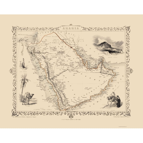 Historic Map - Arabian Peninsula - Tallis 1851 - 23 x 28.83 - Vintage Wall Art
