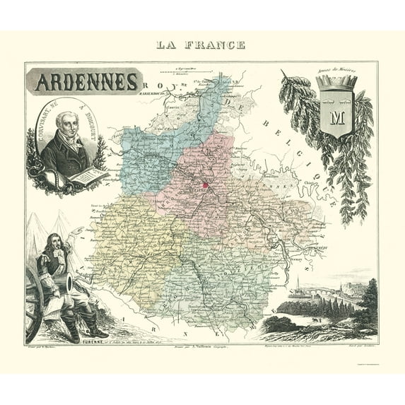 Historic Map - Ardennes Department France - Migeon 1869 - Vintage Wall Art