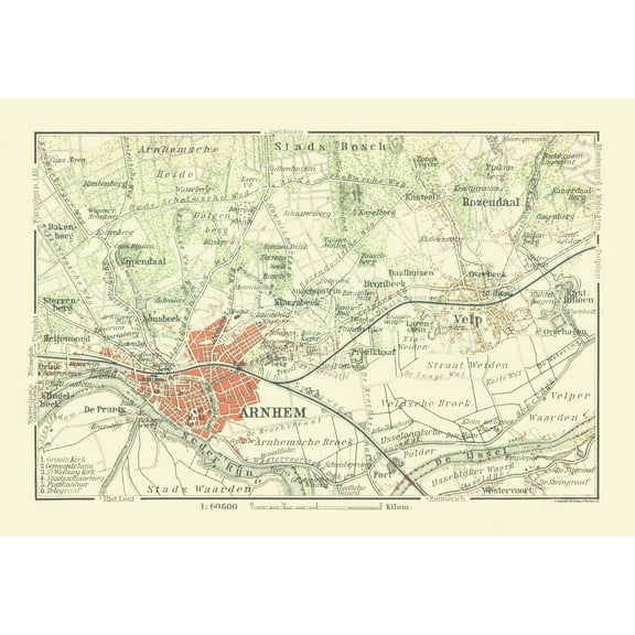 Historic Map - Arnhem Netherlands - Baedeker 1910 - 33.35 x 23 - Vintage Wall Art
