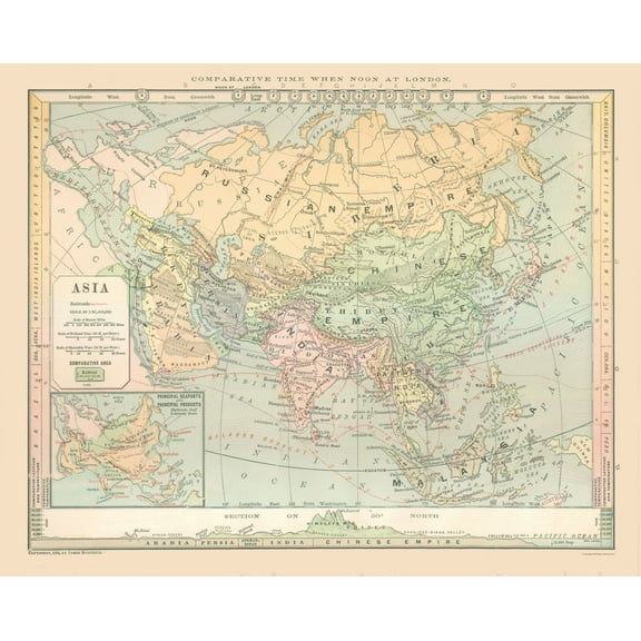 Historic Map - Asia Elevation - Monteith 1882 - 28.68 x 23 - Vintage Wall Art