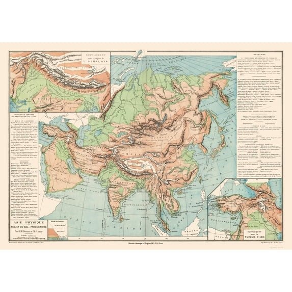 Historic Map - Asia Physical Terrain Floor - Drioux 1882 - Vintage Wall Art