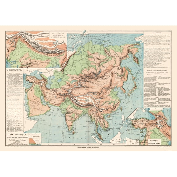 Historic Map - Asia Physical Terrain Floor - Drioux 1882 - Vintage Wall Art