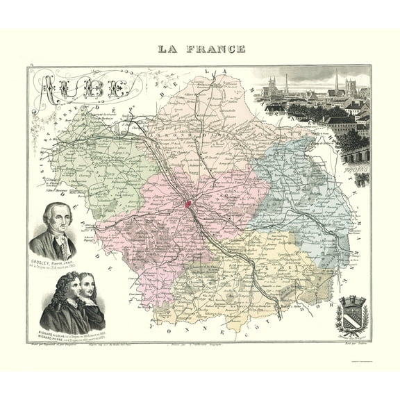 Historic Map - Aube Department France - Migeon 1869 - 23 x 26.78 - Vintage Wall Art